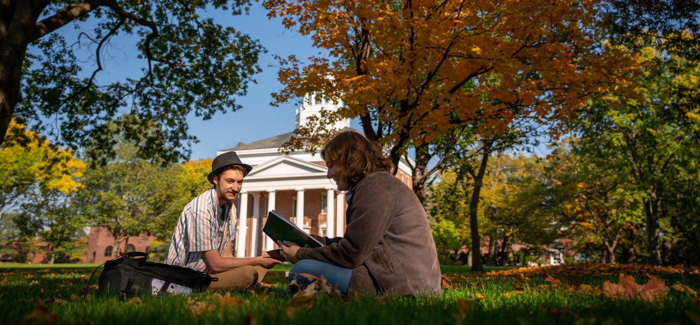 两个学生一起在秋天鲜艳的树下学习.