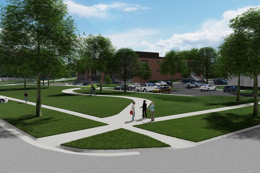图书馆周围的绿地将被扩大，并将增加更多的停车场.